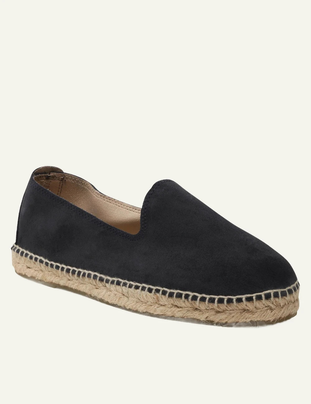 Manebi espadrilles navy blue suede slip on flat rope sole angled view