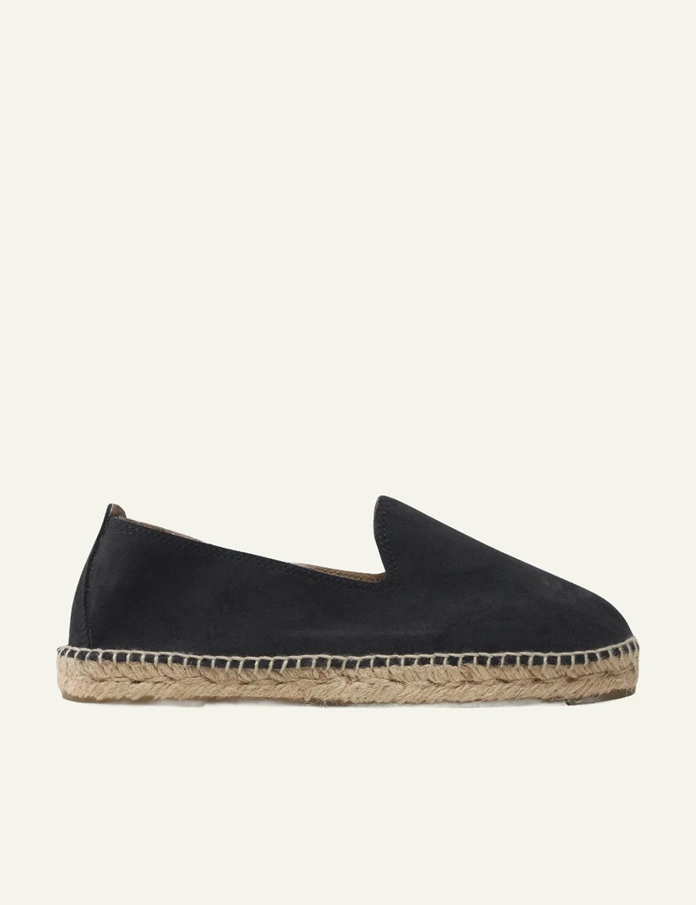 Manebi espadrilles navy blue suede slip on flat rope sole side view