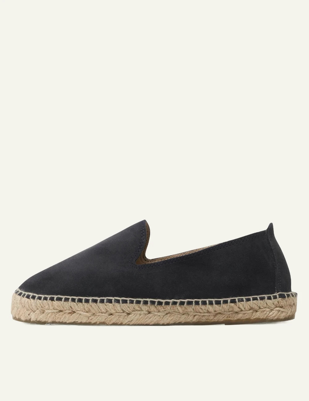 Manebi espadrilles navy blue suede slip on flat rope sole profile view