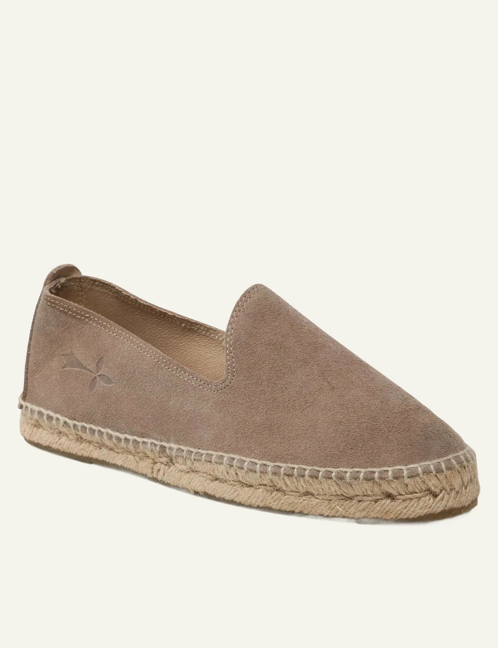 Manebi espadrilles taupe suede slip on flat rope sole angled view
