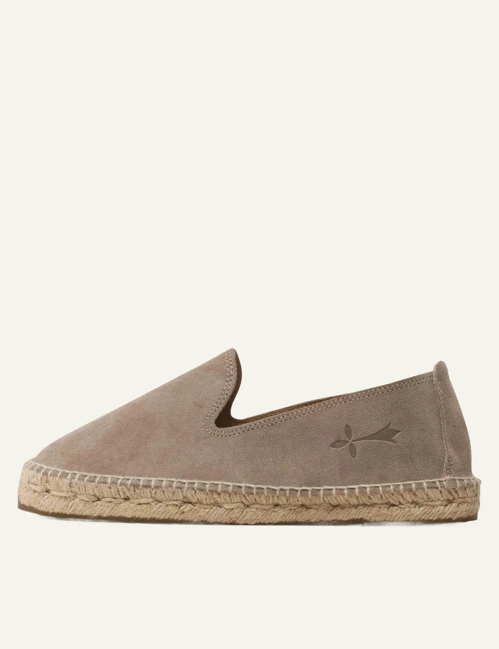 Manebi espadrilles taupe suede slip on flat rope sole profile view