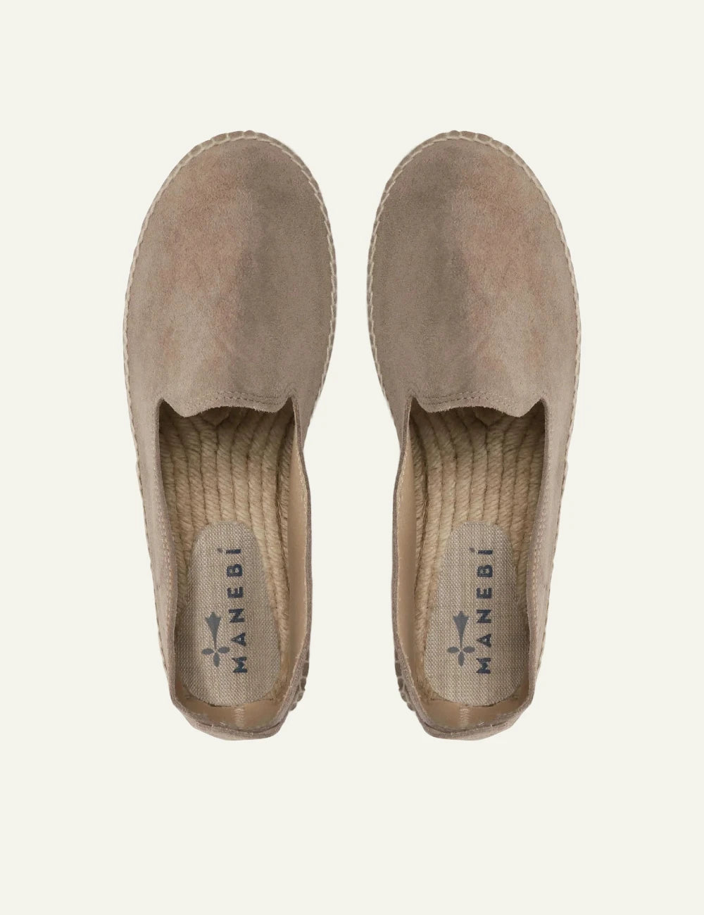 Manebi espadrilles taupe suede slip on flat rope sole top view