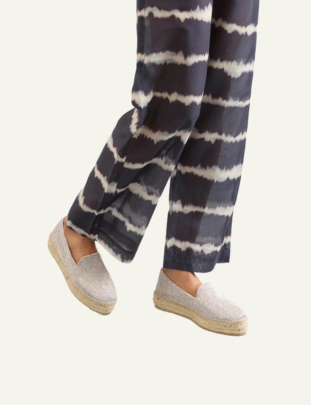 Manebi espadrilles silver woven slip-on jute sole side model view