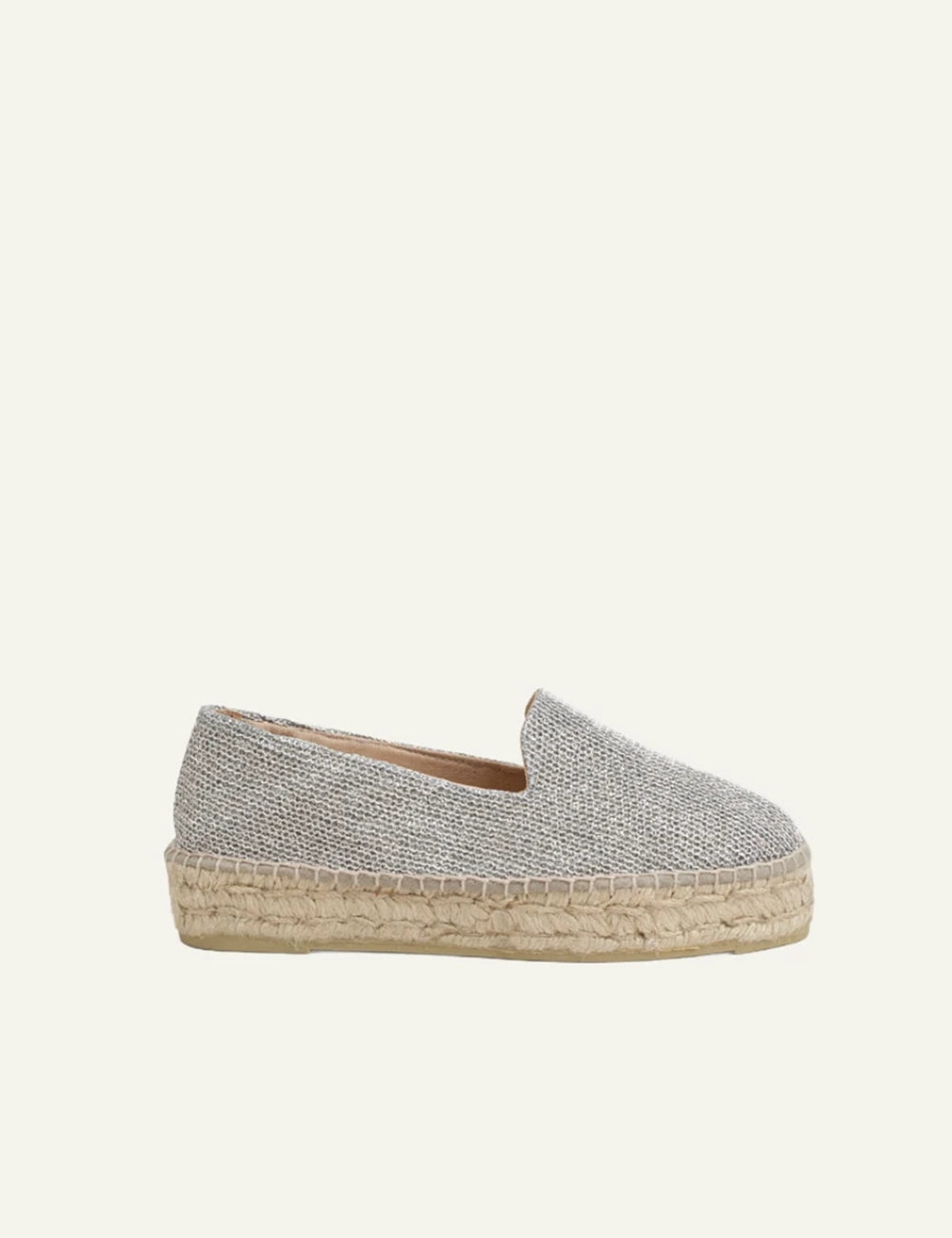 Manebi espadrilles silver woven slip-on jute sole side view