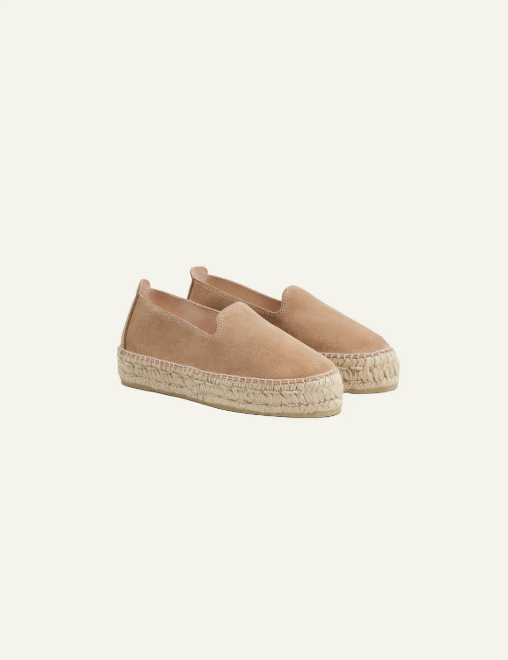 Manebi Hamptons espadrilles vintage taupe suede platform slip on double jute sole side detail view
