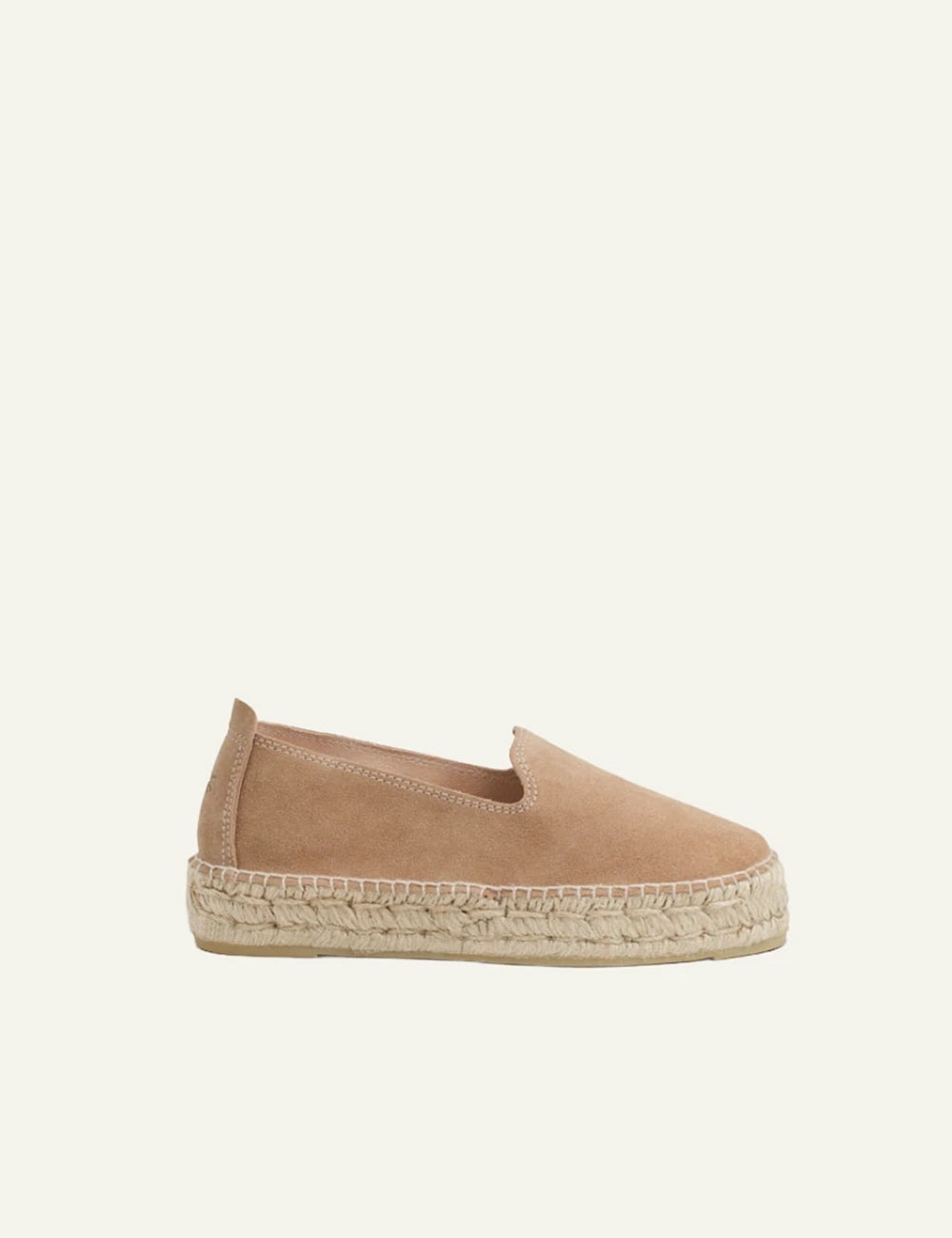 Manebi Hamptons espadrilles vintage taupe suede platform slip on double jute sole side view