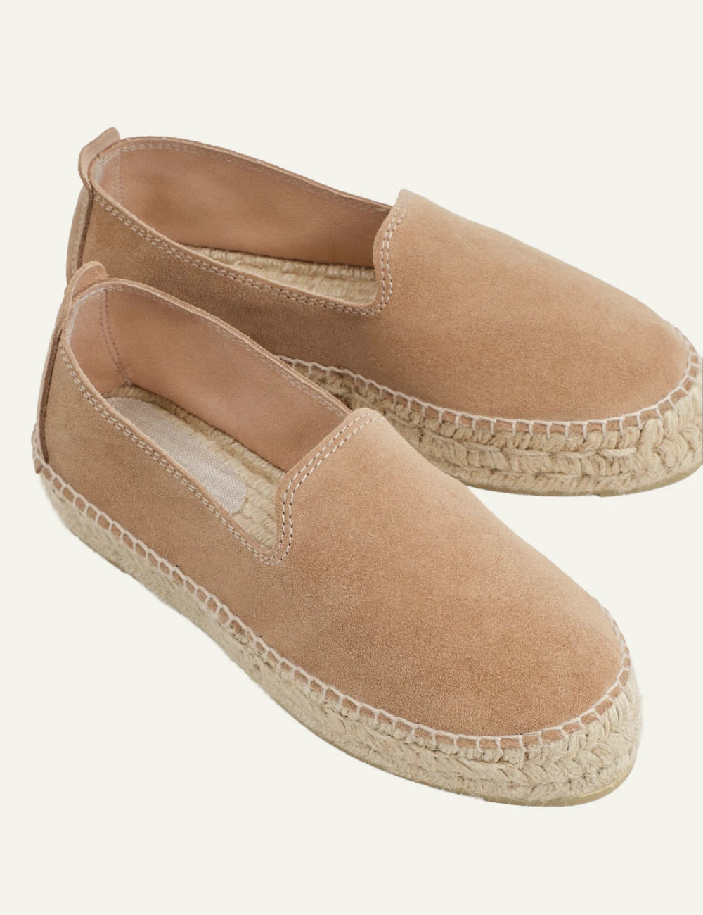 Manebi Hamptons espadrilles vintage taupe suede platform slip on double jute sole angled view