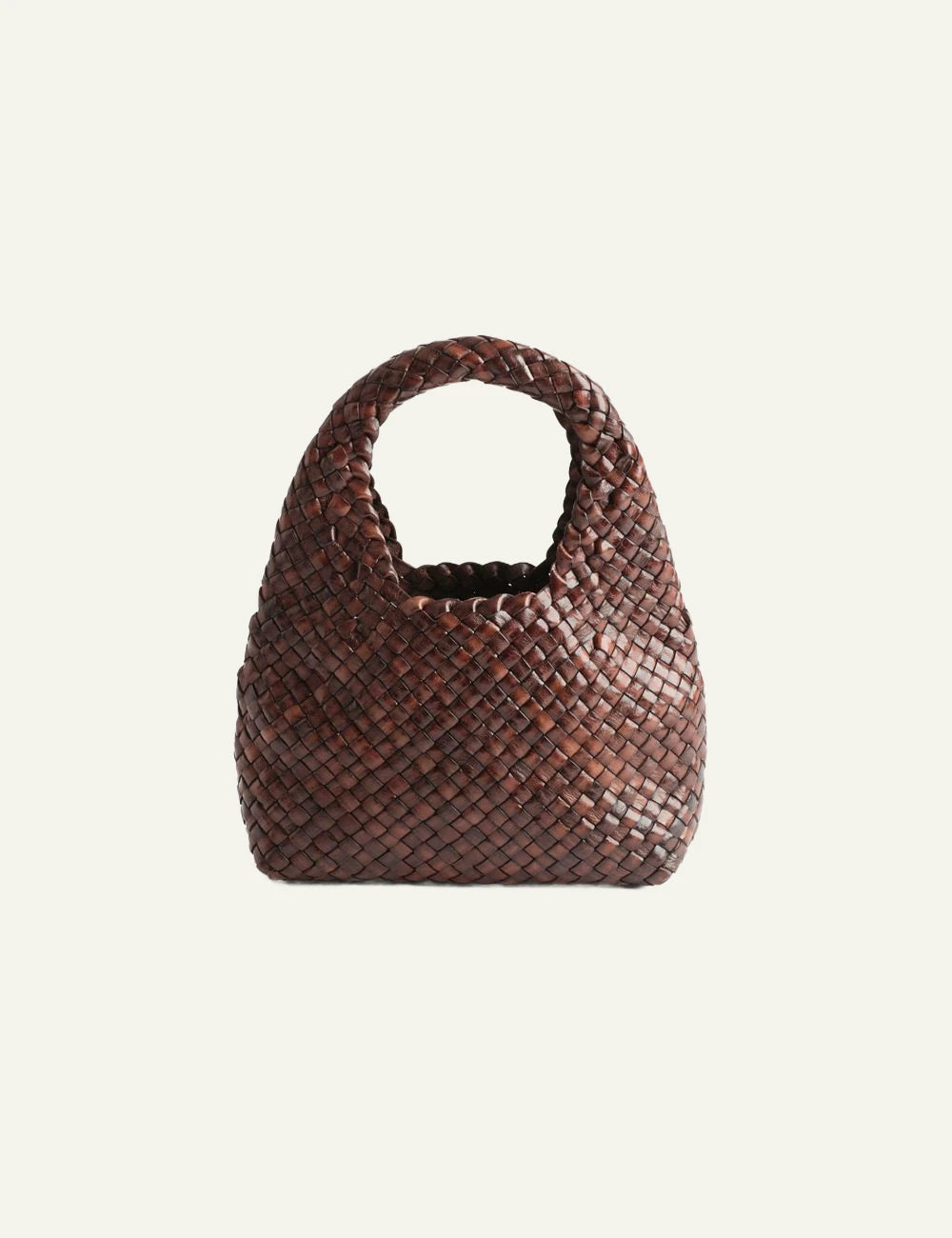 Manebi Halfmoon woven leather bag dark brown front view