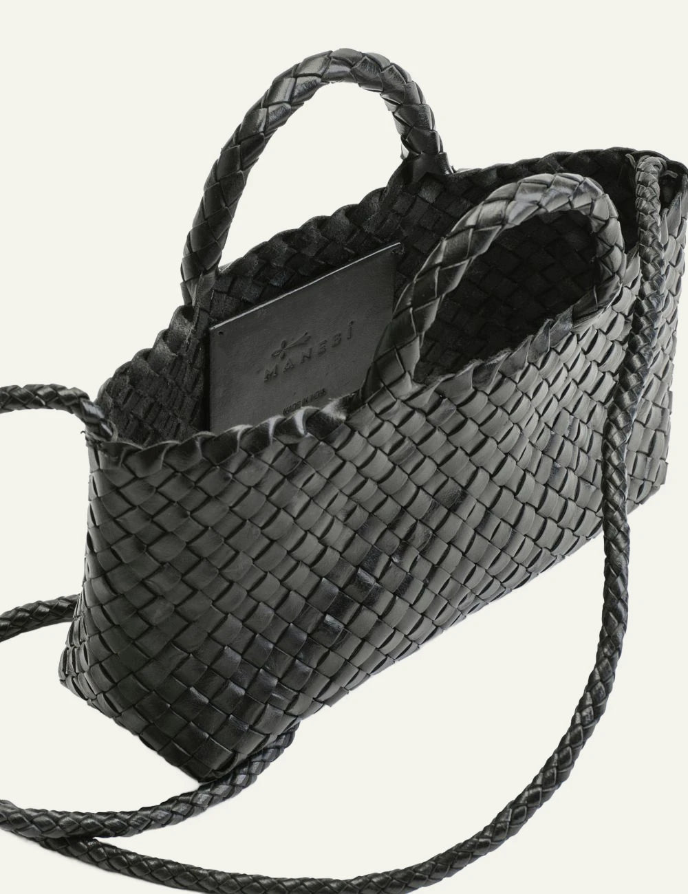 Manebi Anse mini woven leather bag black top view