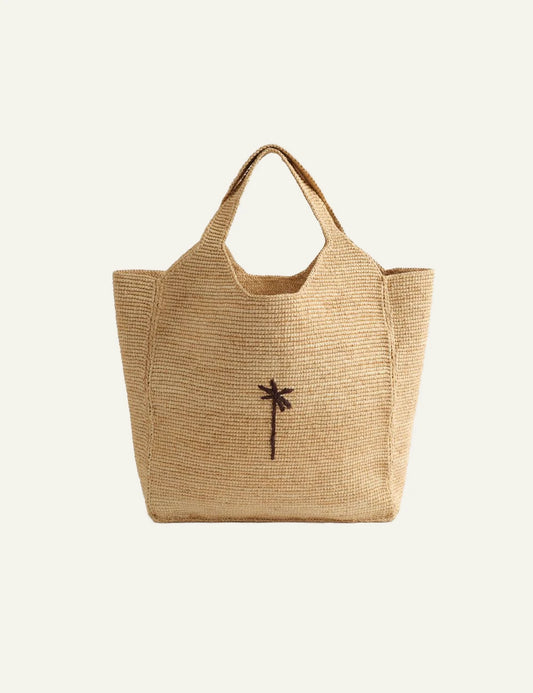 Manebi maxi tote raffia bag natural chocolate palm front view