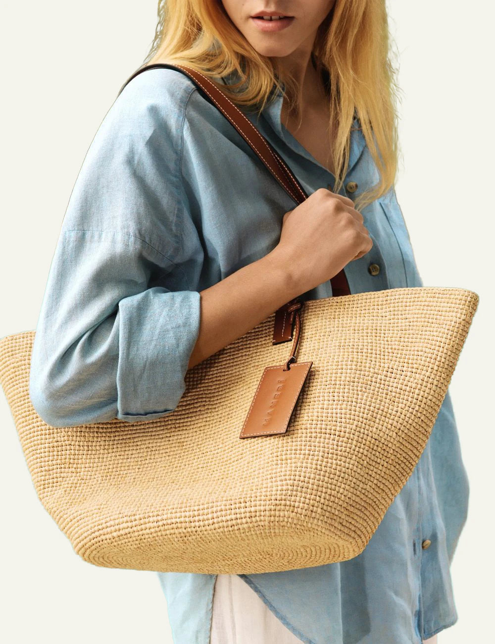 Manebi basket bag raffia natural beige shoulder leather handles model