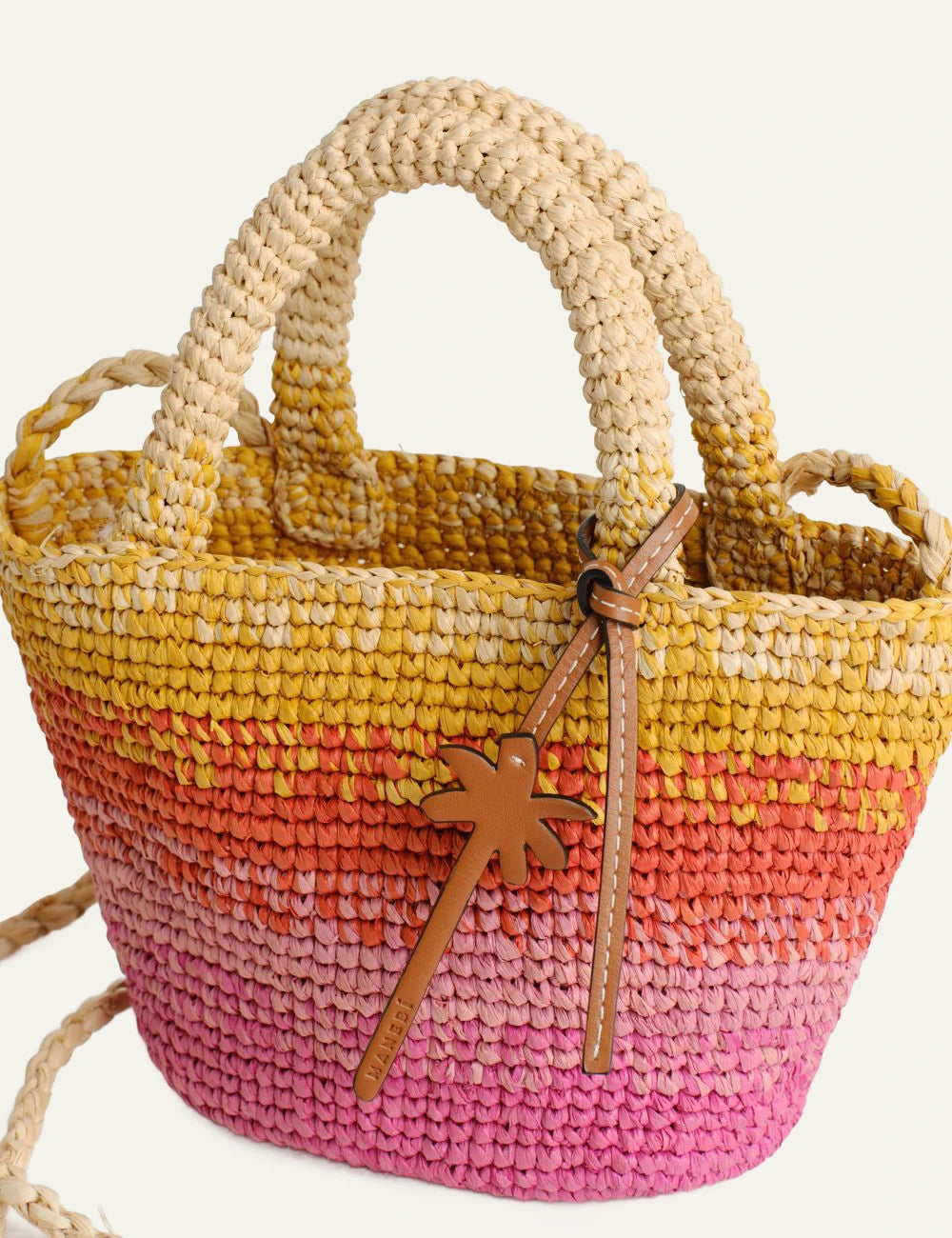 Manebi Panier mini raffia bag sunset glow crossbody front detail view