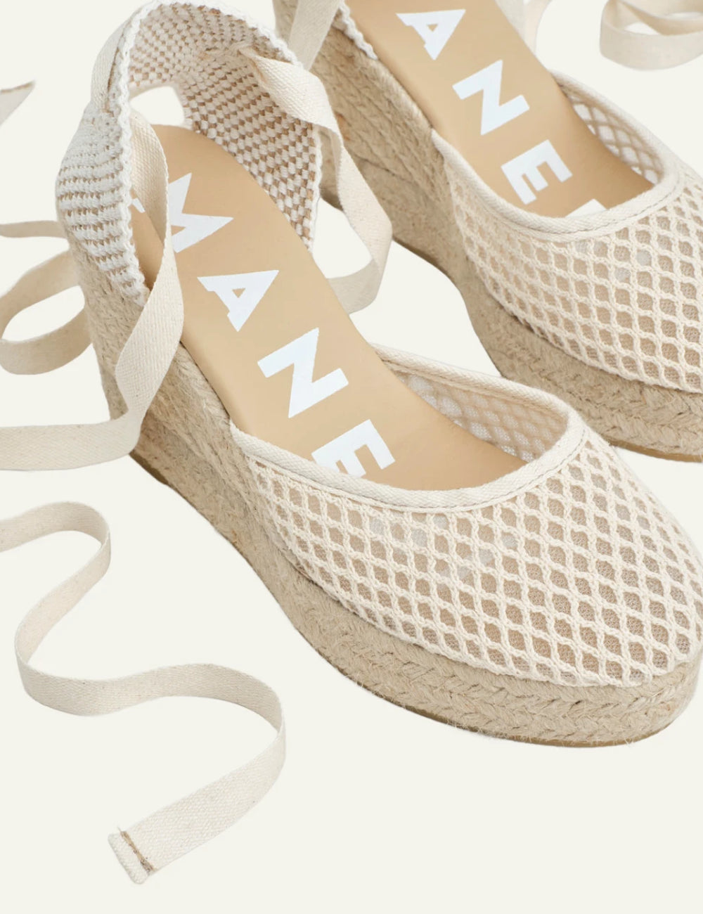 Manebi wedge espadrilles cotton mesh beige lace-up top view