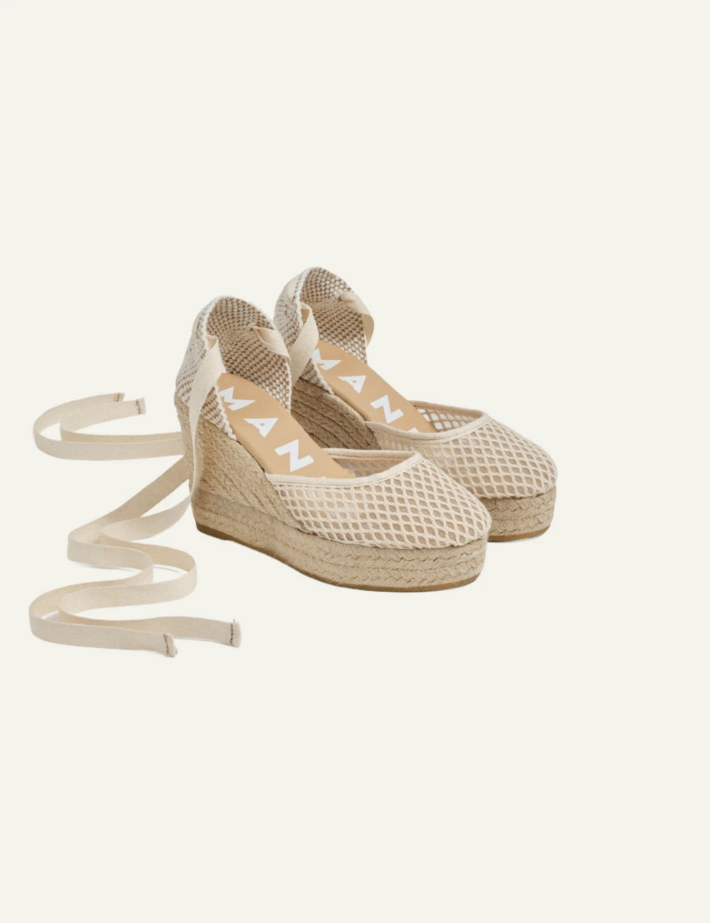 Manebi wedge espadrilles cotton mesh beige lace-up angled view