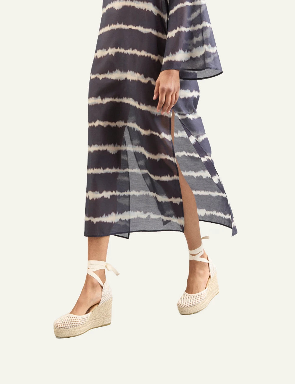 Manebi wedge espadrilles cotton mesh beige lace-up side model view