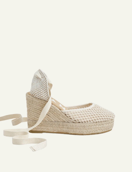 Manebi wedge espadrilles cotton mesh beige lace-up side view