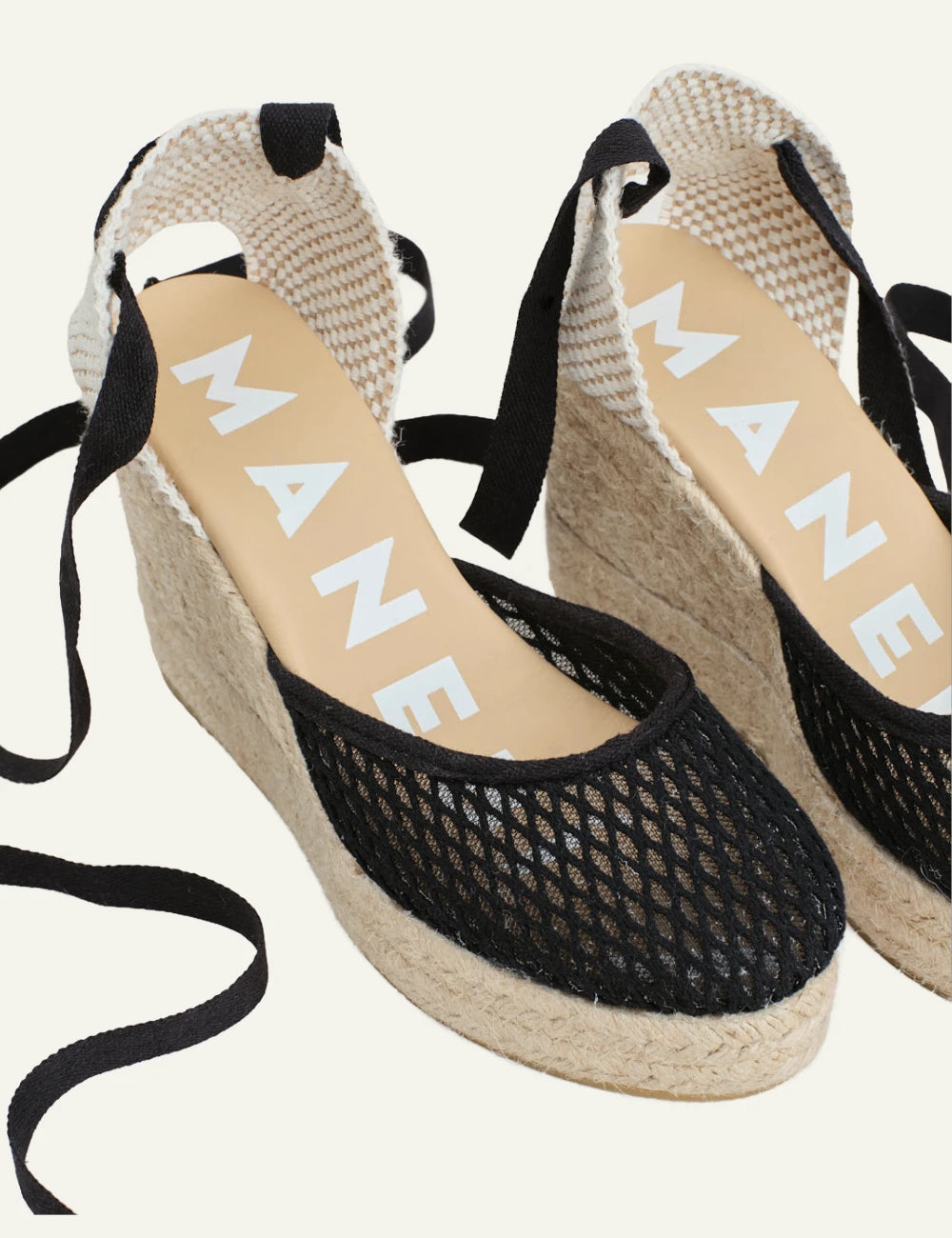 Manebi wedge espadrilles cotton mesh black lace-up top view