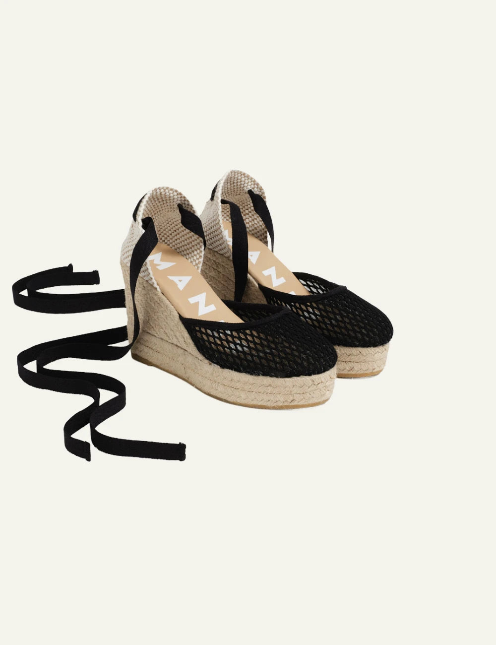 Manebi wedge espadrilles cotton mesh black lace-up angled view