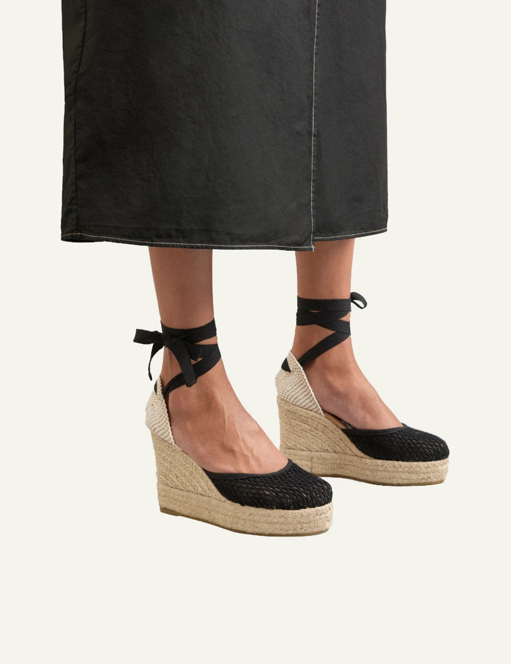 Manebi wedge espadrilles cotton mesh black lace-up side model view