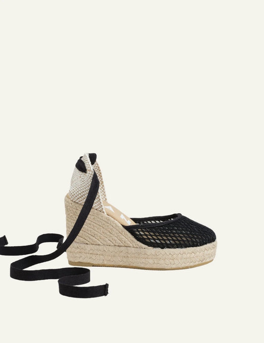 Manebi wedge espadrilles cotton mesh black lace-up side view