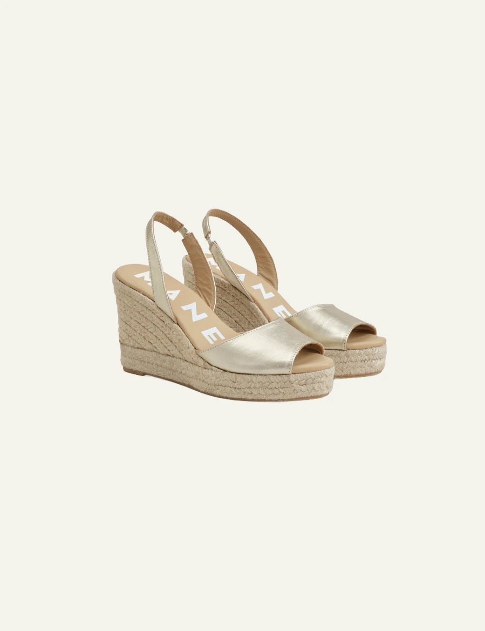 Manebi wedge sandals metallic gold slingback profile view