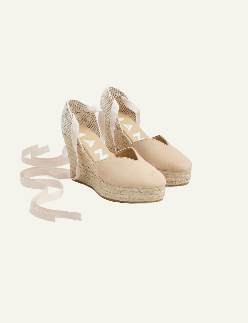 Manebi wedges espadrilles champagne beige suede platform ankle ties jute heel angled view