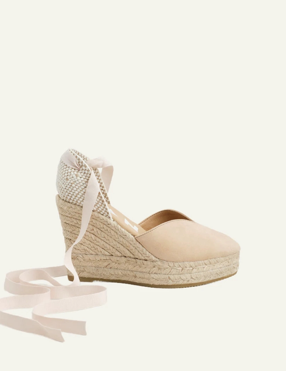 Manebi wedges espadrilles champagne beige suede platform ankle ties jute heel side view