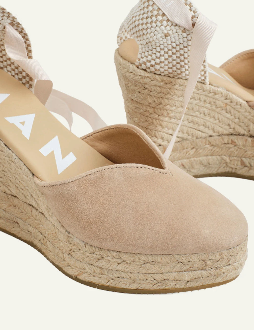 Manebi wedges espadrilles taupe suede platform ankle ties jute heel detail view