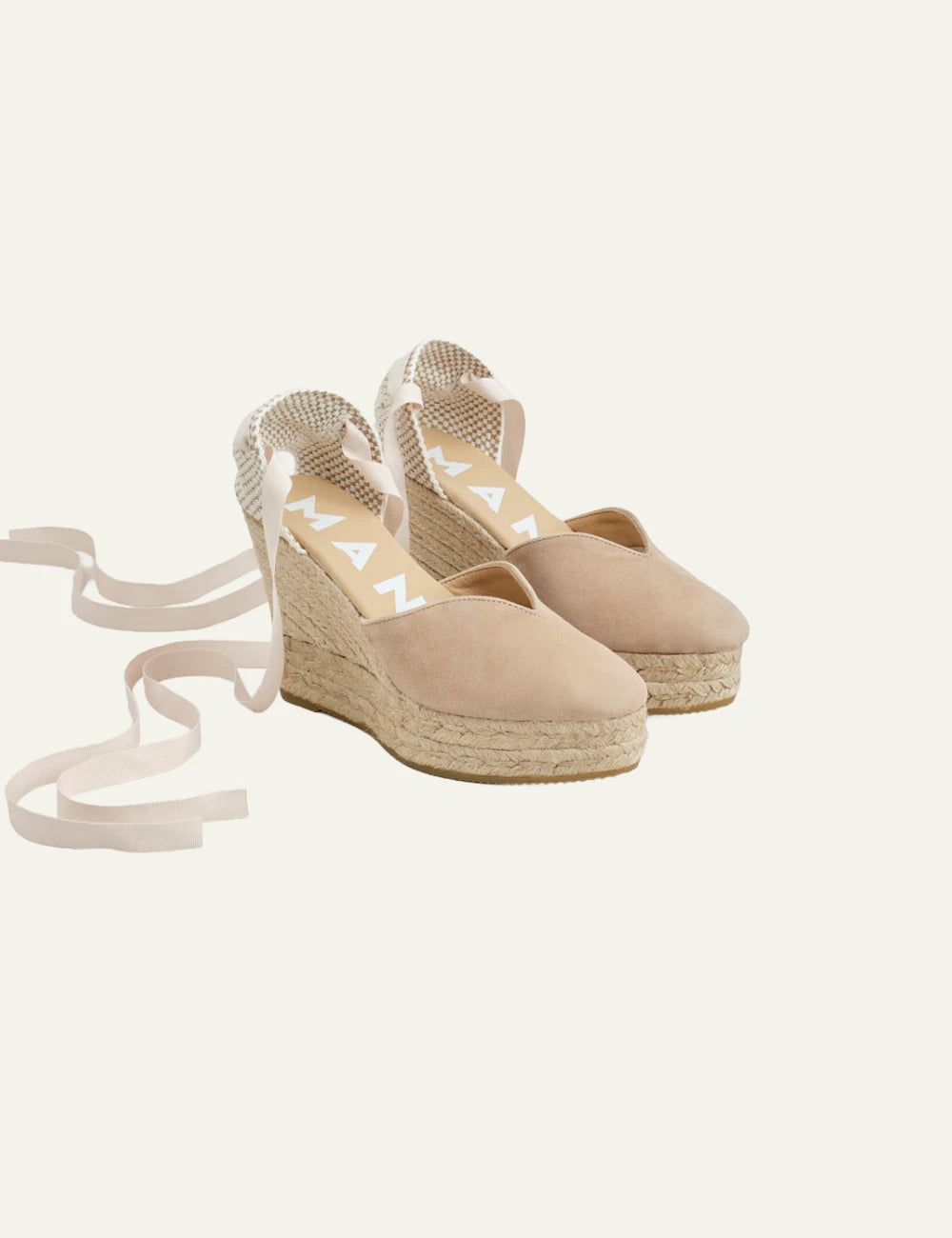 Manebi wedges espadrilles taupe suede platform ankle ties jute heel angled view