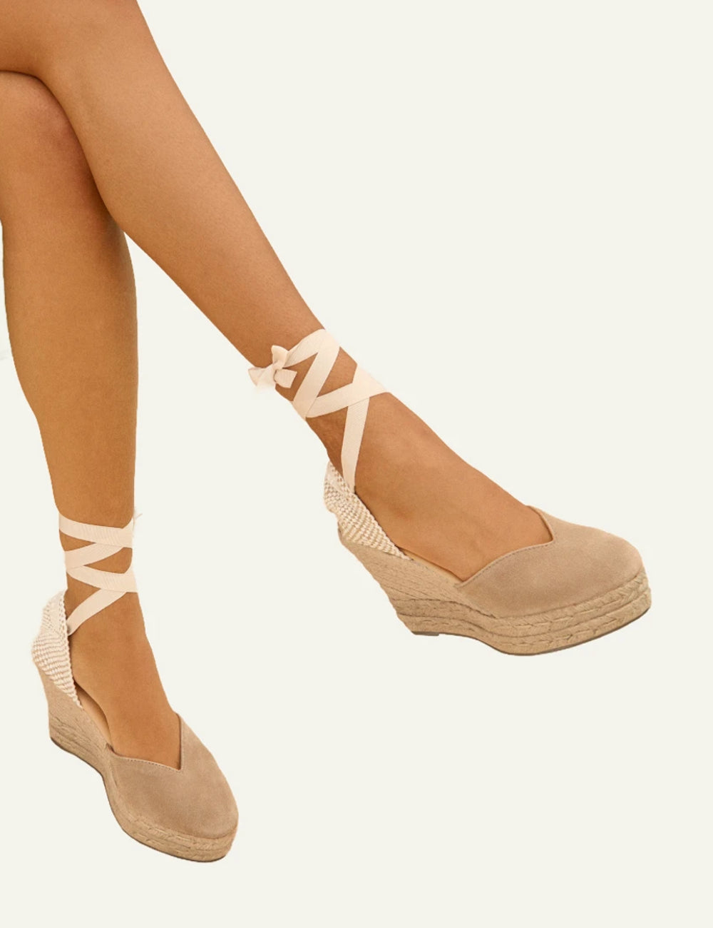 Manebi wedges espadrilles taupe suede platform ankle ties jute heel side model view