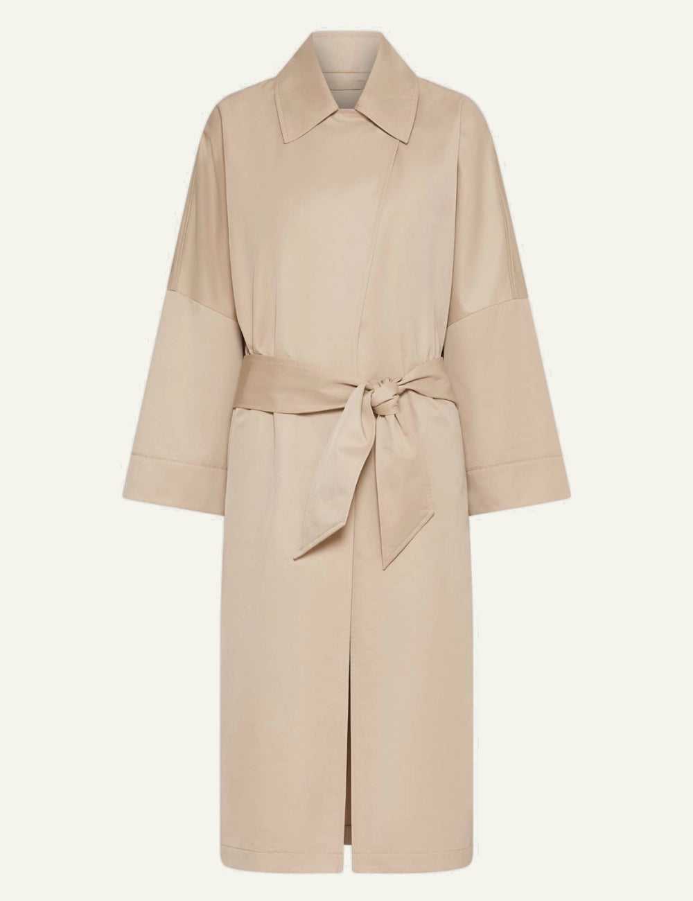 Marella beige belted long coat with wide sleeves front flat
