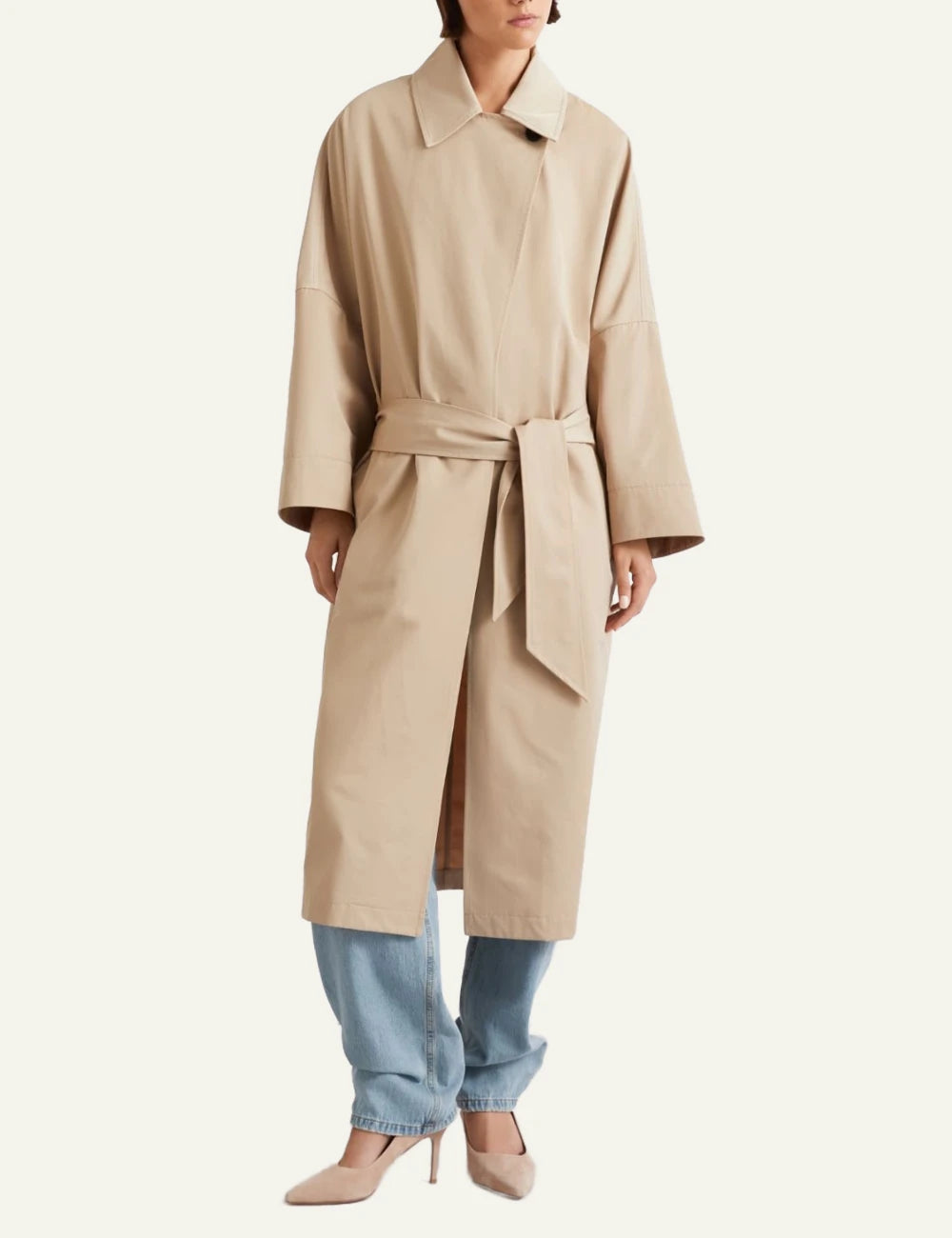 Marella beige belted long coat with wide sleeves front model