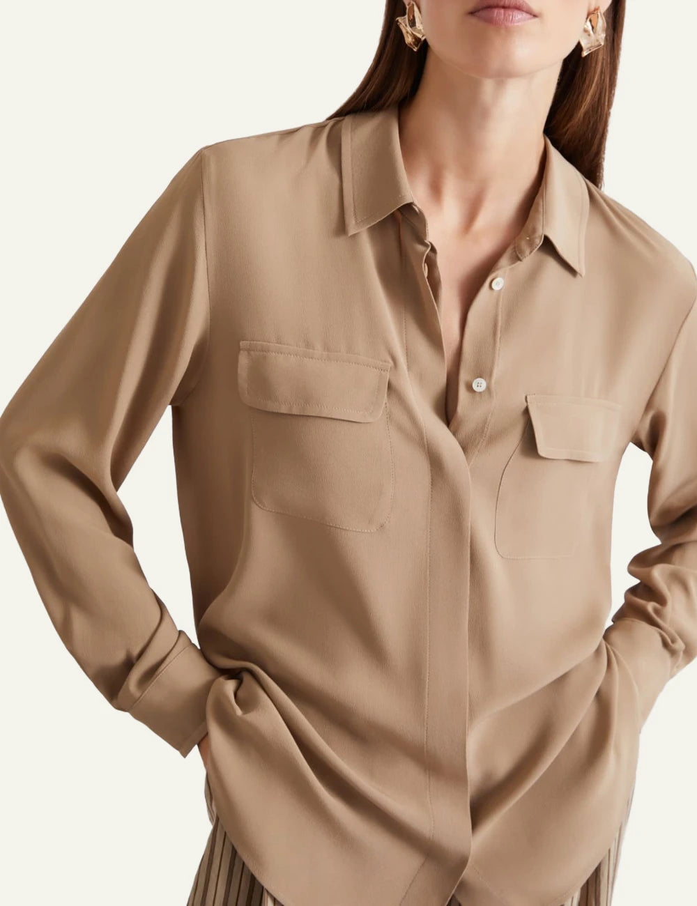 Marella beige long sleeve shirt with flap pockets front detail