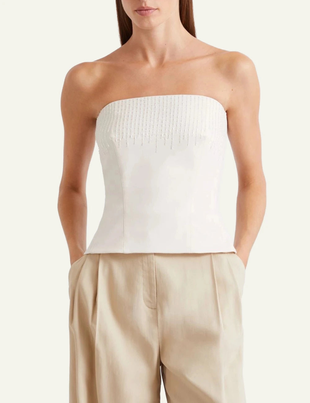 Marella corset top white strapless beaded front model view