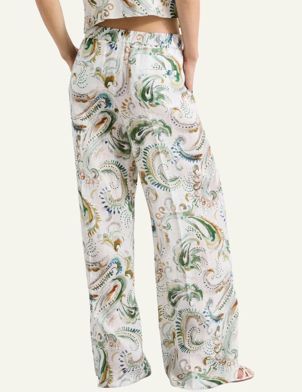 Marella linen trousers printed wide leg green pattern back view