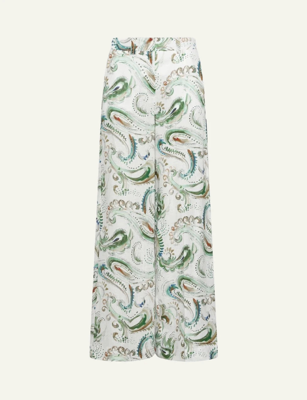 Marella linen trousers printed wide leg green pattern front flat view