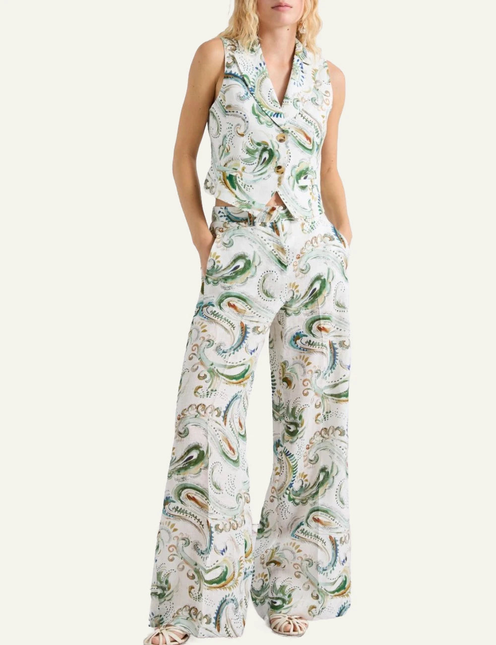 Marella linen trousers printed wide leg green pattern front full body view