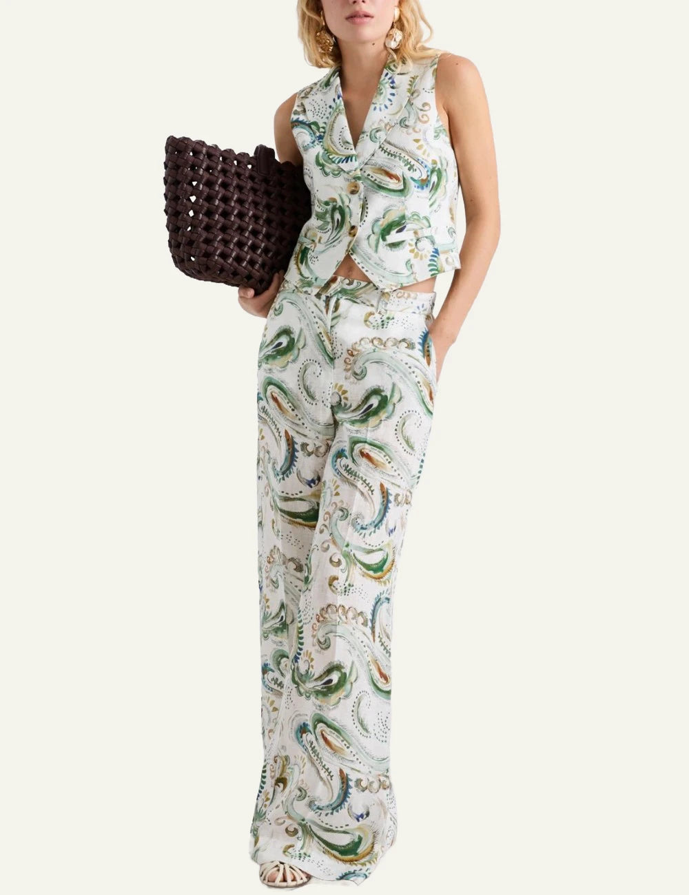 Marella linen trousers printed wide leg green pattern front model view