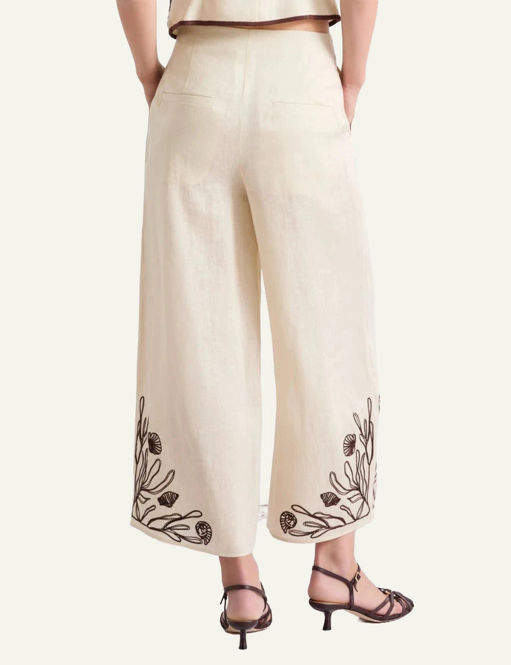 Marella linen wide leg trousers ecru embroidered hem back view