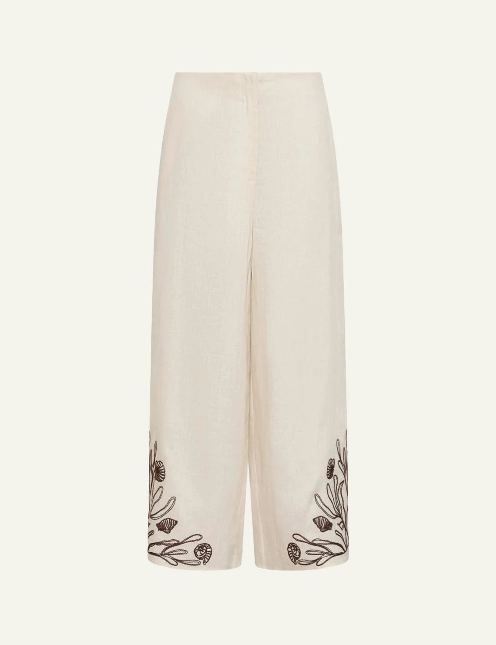 Marella linen wide leg trousers ecru embroidered hem front flat view