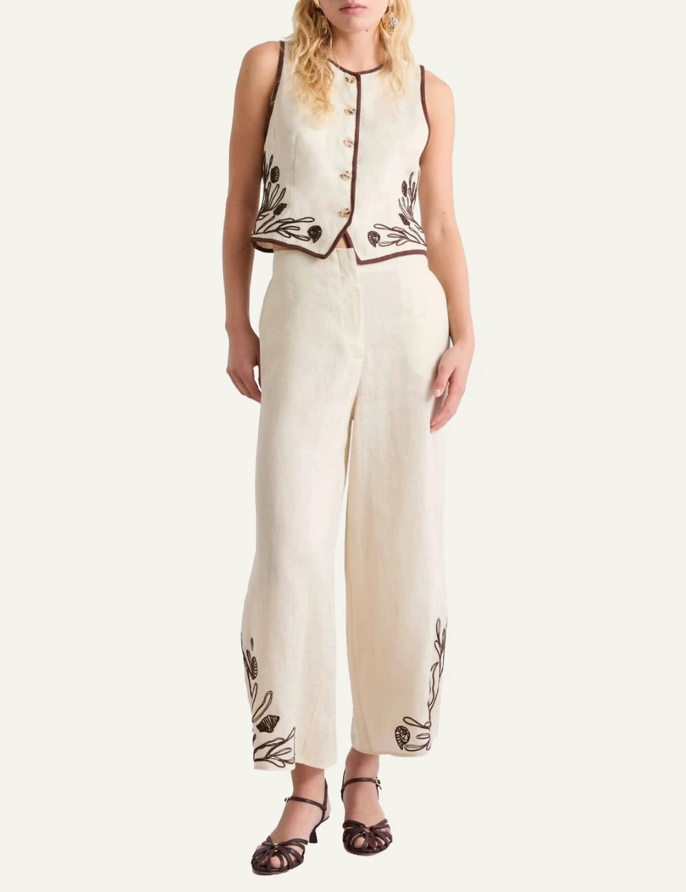 Marella linen wide leg trousers ecru embroidered hem front full body view
