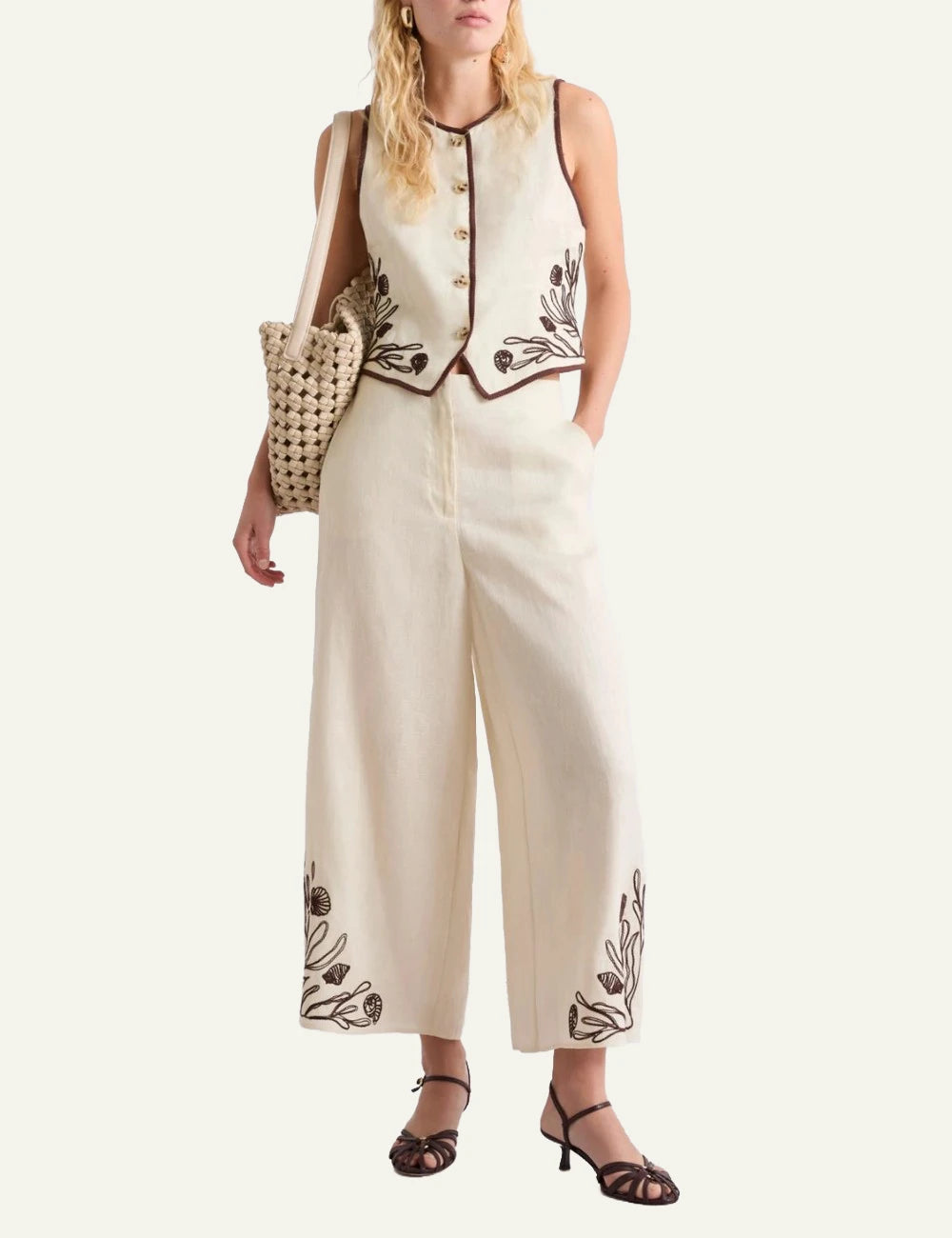Marella linen wide leg trousers ecru embroidered hem front model view