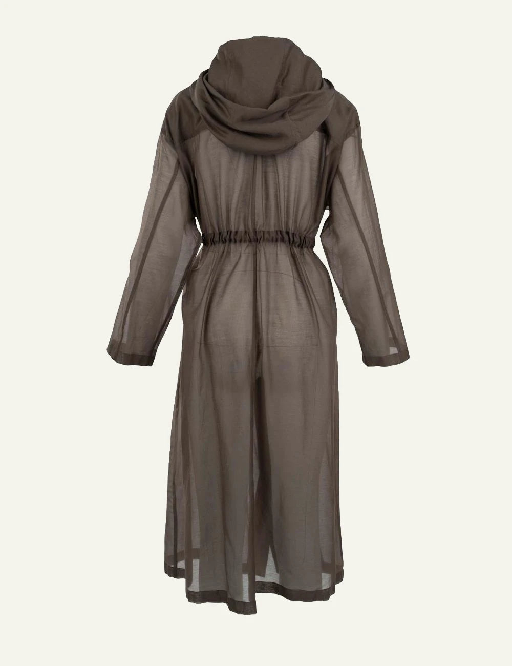 Marella hooded long jacket sheer brown drawstring waist back view