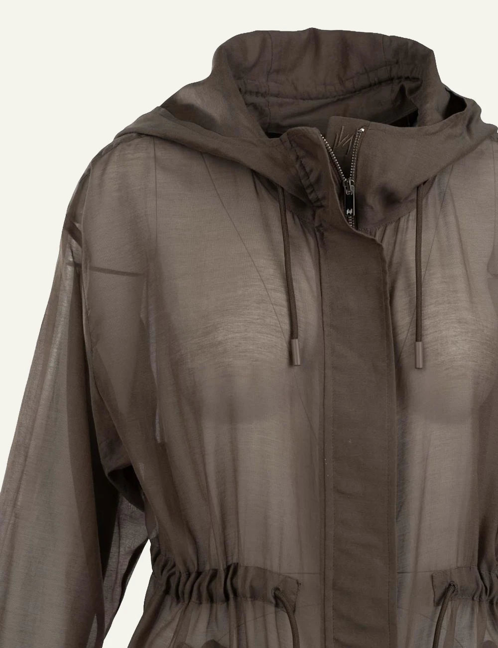 Marella hooded long jacket sheer brown drawstring waist front detail view