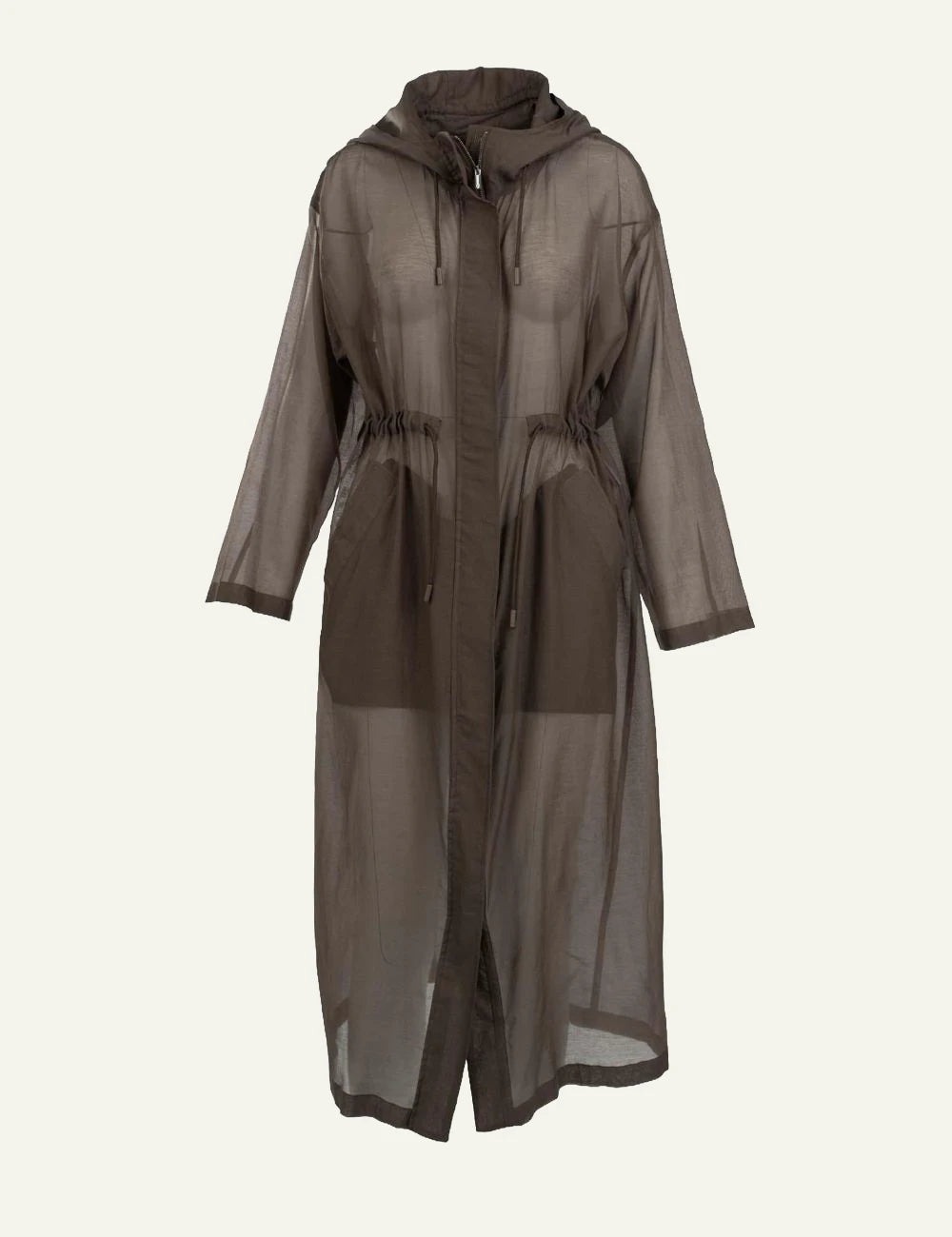 Marella hooded long jacket sheer brown drawstring waist front flat view