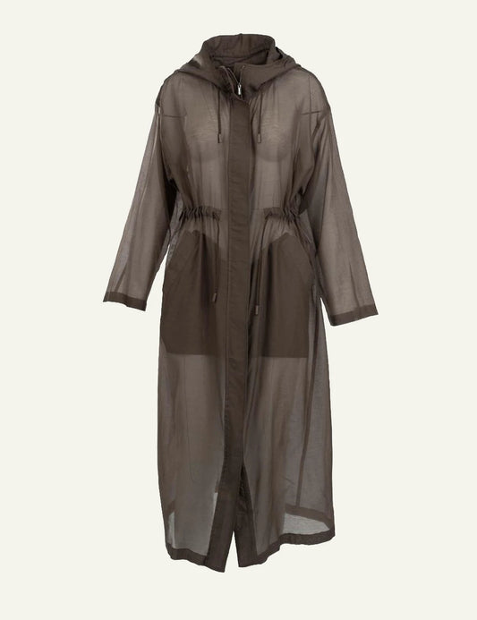 Marella hooded long jacket sheer brown drawstring waist front flat view