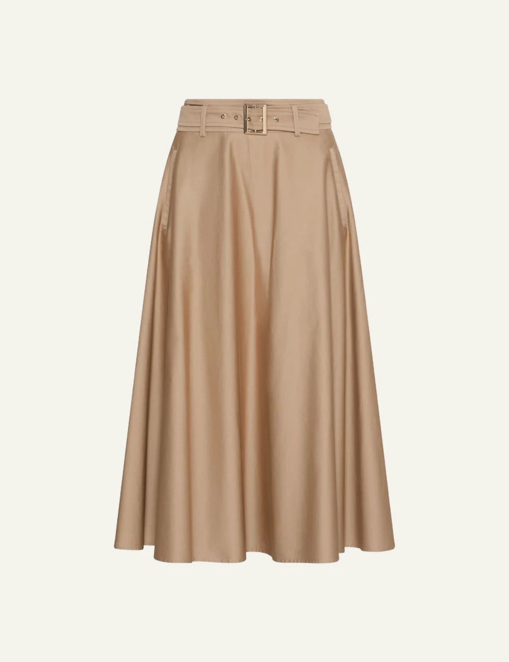 Marella midi satin skirt beige with metal buckle belt front flat