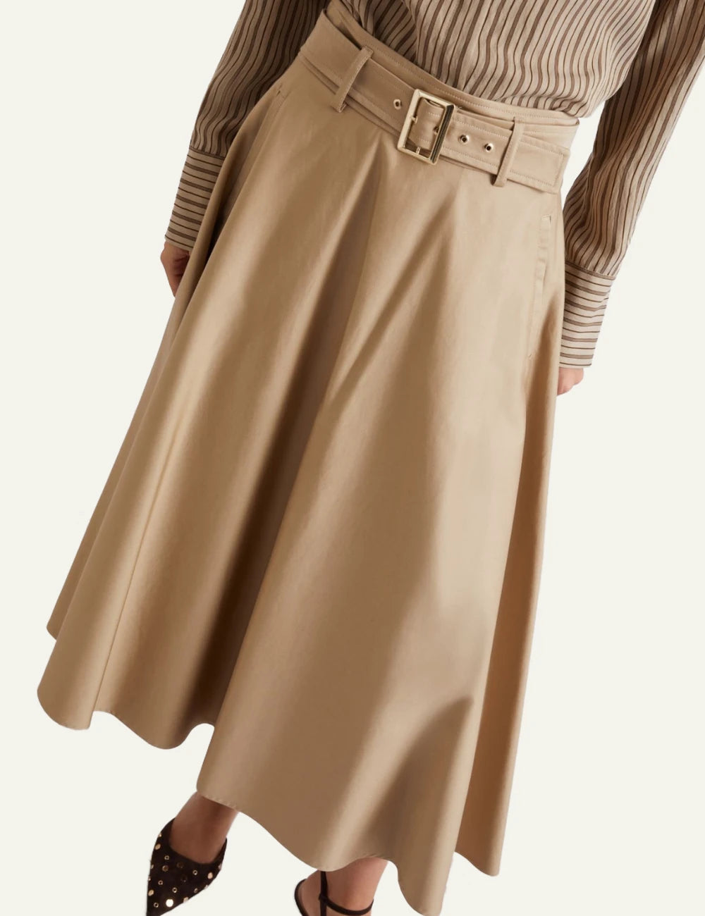 Marella midi satin skirt beige with metal buckle belt top 