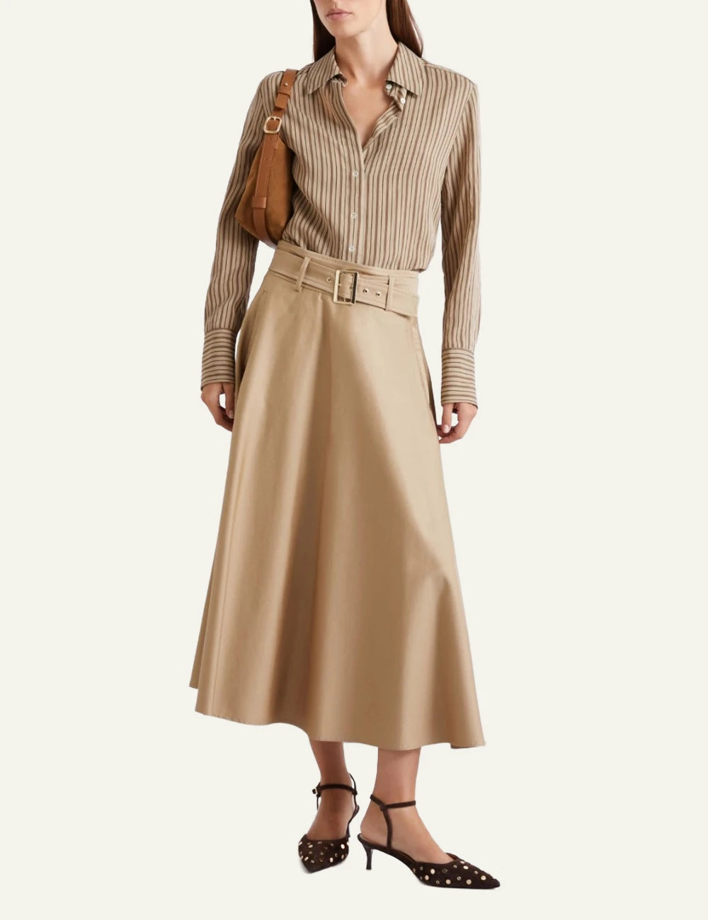 Marella midi satin skirt beige with metal buckle belt front full body