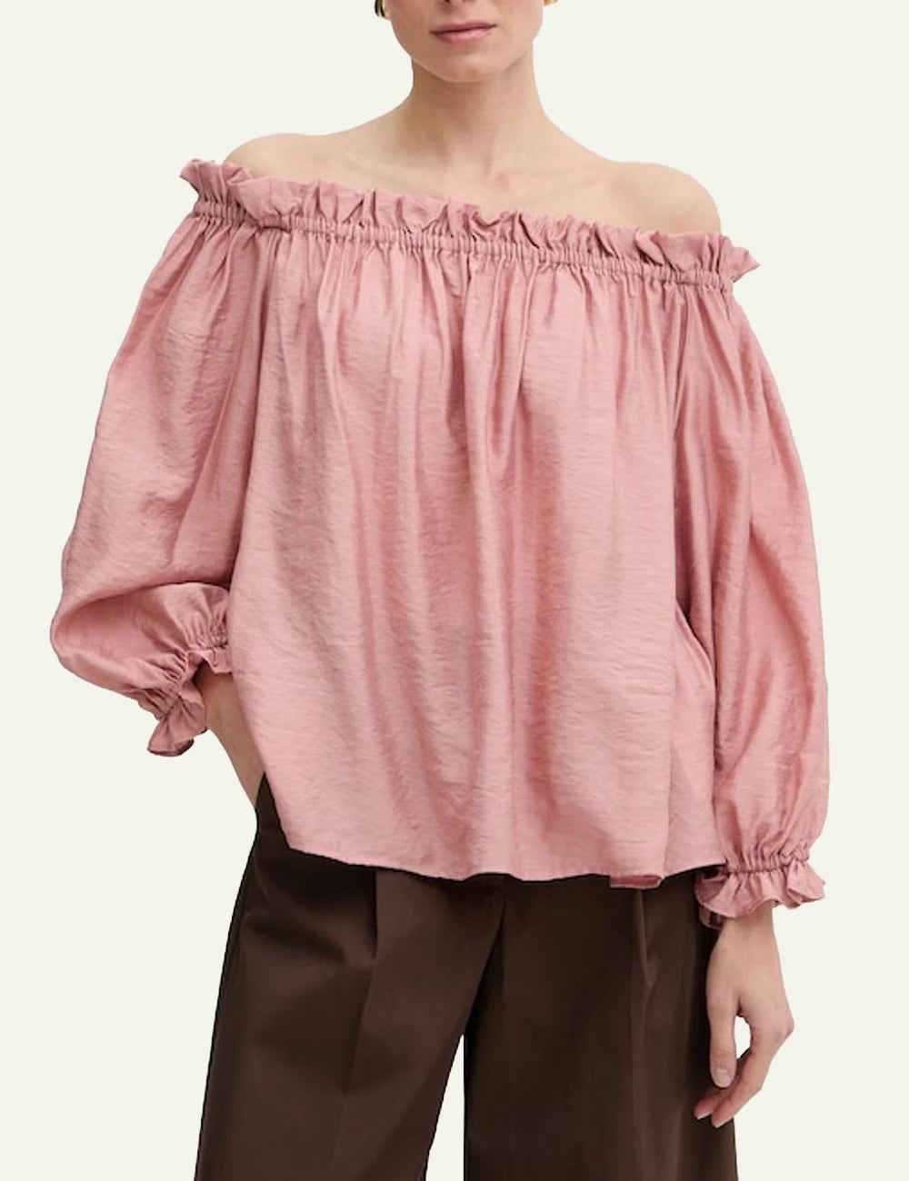 Marella off shoulder blouse pink elastic neckline boho style front model view